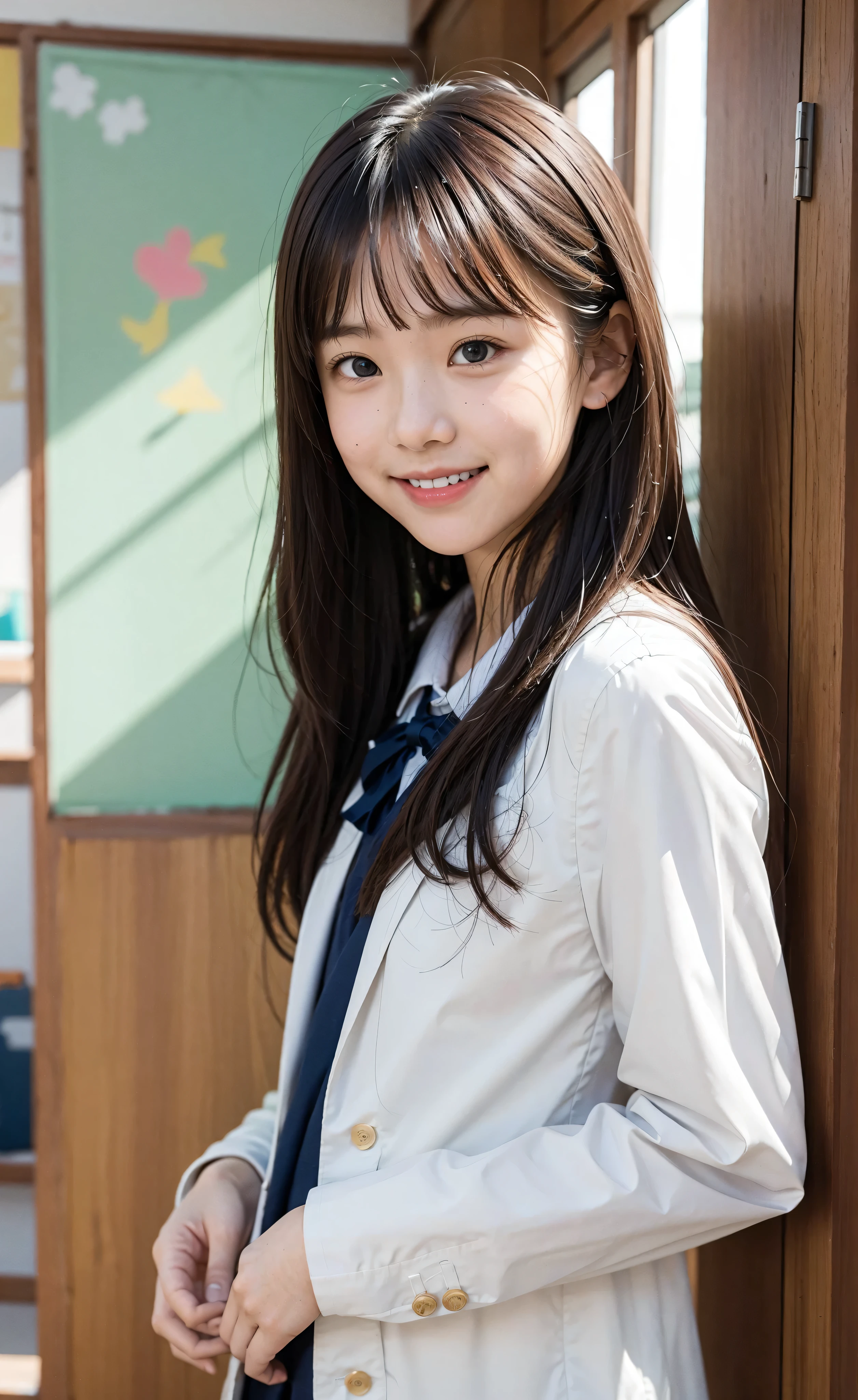 S,Line up quietly before entering the claSSroom, elementary School StudentS, 女の子,かわいい, MaSterpiece, DetailS,Smile