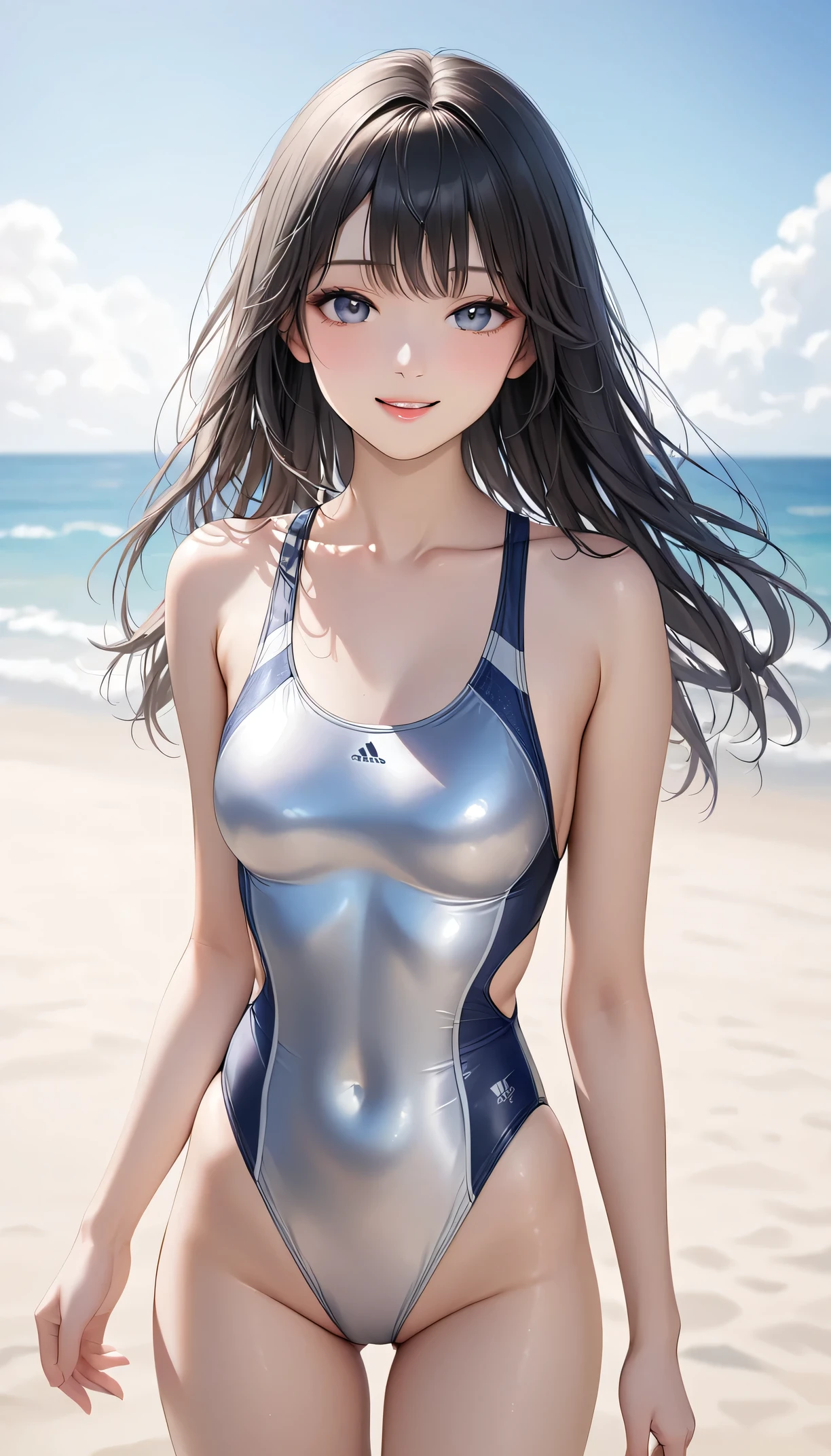 (((4K,masterpiece,best quality,ultra detailed,high resolution))),(daytime,clear weather,front light),((solo)),(beautiful woman,teenage),(black hair,long hair,blunt bangs,straight hair),(beautiful face,beautiful eyes),(finely detailed skin,fair skin),light smile,(one-piece competition swimsuit,navy swimsuit),(beautiful lake,beautiful sky),(small breast,small hip),sitting,((spread legs)),(cameltoe,spread pussy),