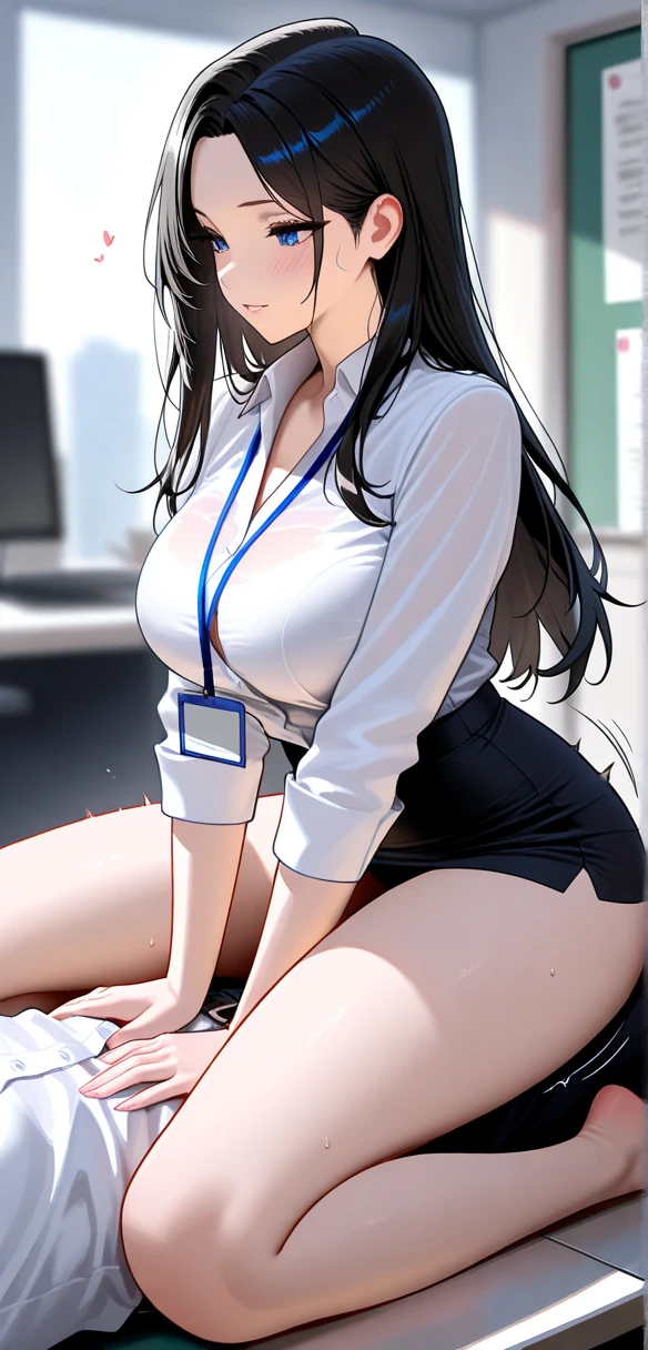 8k_wallpaper, extremely detailed eyes, extremely detailed body, (large masterpiece digital art), (detailed manga illustration), (detailed line art), ((perfect anatomy)), (intricate details:1.3), (ultra-detailed:1.3), (illustration:1.3), (sharp focus:1.3), (natural lighting:1.05), (vivid colors:1.3), (masterpiece), (best quality:1.4), (perfect anatomy:1.4), high quality, expressive eyes, full body, detailed face, beautiful face, perfect face, 1 girl, medium breasts, black hair, curly hair, wild hair, detailed hair, white dress shirt, black pants, pale skin, sapphire eyes, demon, blue halo, sheep horns, curled horns, (horizontal pupils), sexy face, pointy ears, splash art, the demon girl, curvy, sitting in an office chair at a desk with feet on desk, black high heels,