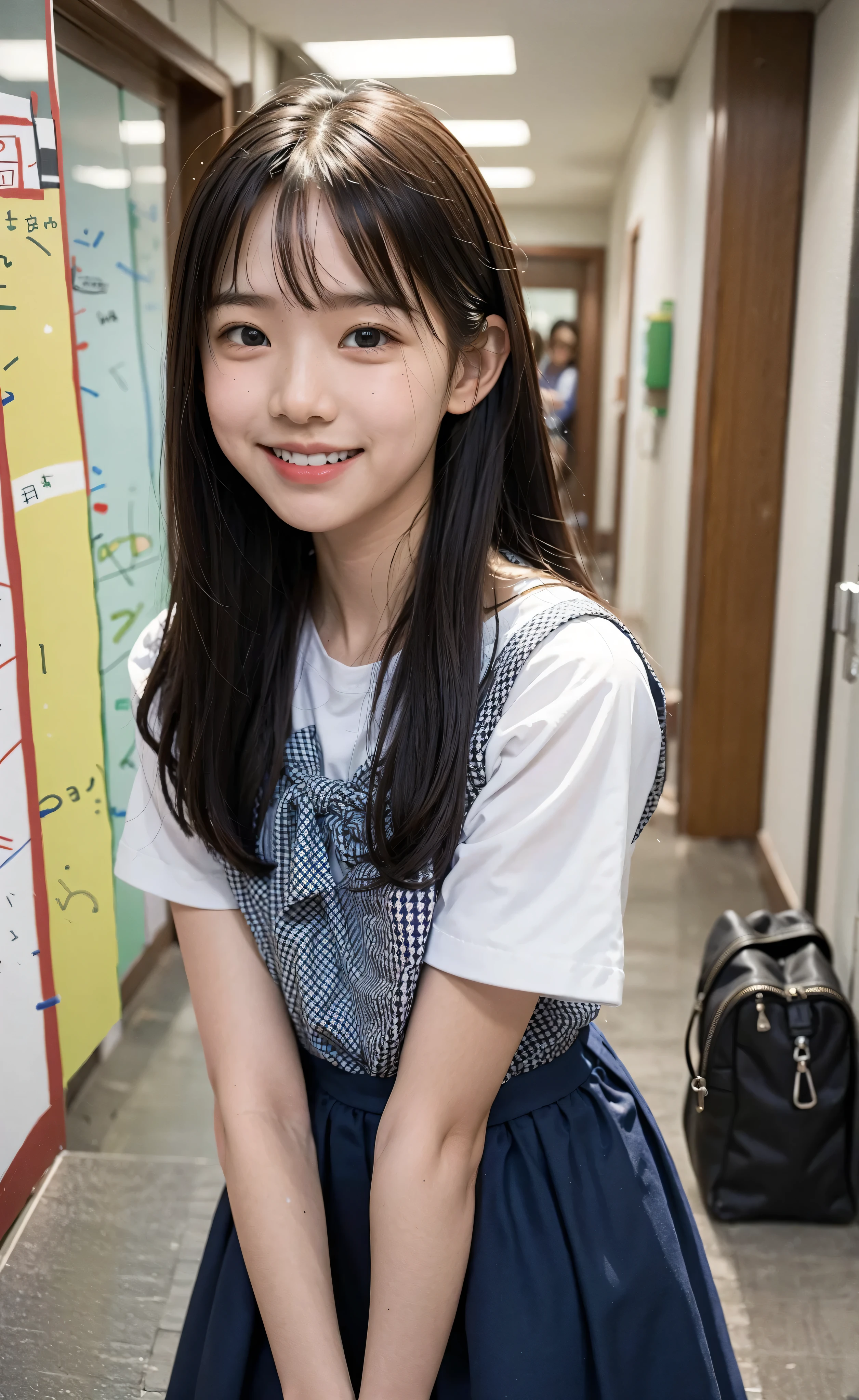 S,Line up quietly before entering the claSSroom, elementary School StudentS, 女の子,かわいい, MaSterpiece, DetailS,Smile