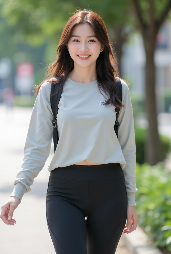 <lora:TWSexyHikerMix1:0.8>, 1girl, Hiking_girl_in_sport_bra_and_yoga_pant, solo,looking at viewer, smile, brown hair, shirt, black hair, long sleeves, jewelry, outdoors, day, midriff,  yoga pants, necklace, bag,  tree, lips, denim, tree, green, hill, mountain, blue sky
shirt, handbag, realistic, slim,small breast,