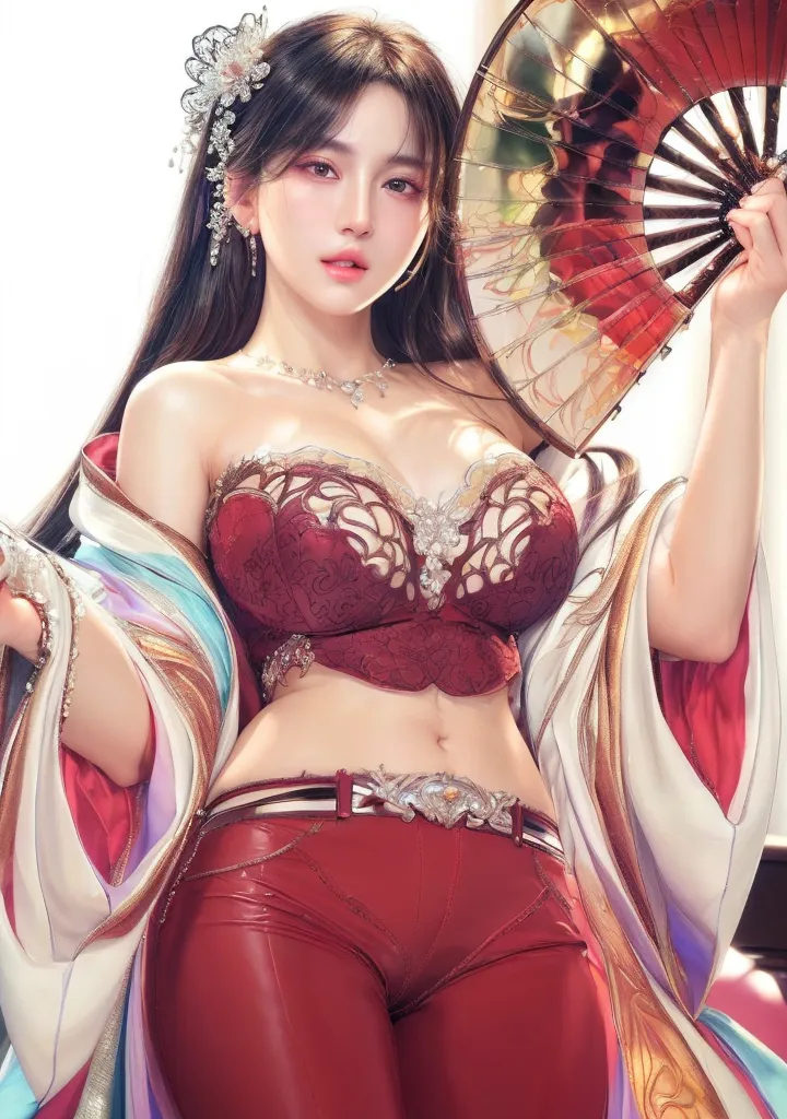 The charming style of a female model, she is wearing red underwear with a transparent gauze skirt. The flower pattern and tassel decoration on the skirt add feminine softness and dynamism to the overall look. The waist of the model is outlined by a red belt, and the golden decoration on the belt is the finishing touch. The gray design and the simple background make the model the focus of the picture, and people will be attracted by her at first sight., (best quality,8k,highres,masterpiece:1.2),ultra-detailed,(realistic,photorealistic,photo-realistic:1.37),studio lighting,ultra-fine painting,sharp focus,physically-based rendering,extreme detail description,professional,vivid colors