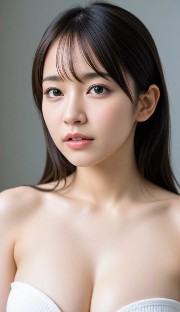 highest quality, realistic, 8K, High resolution, 1 girl, woman, (skin dents), (portrait:0.6), nice, ((white background, naked, small breasts:1.65)), (Black hair in a ponytail, parted bangs:1.4), looking at the viewer, (1 girl eyes looking at the viewer:1.6), realistic, (Bokeh), (closed mouth, smile:1.3), nice, Pueros face_V1:1,