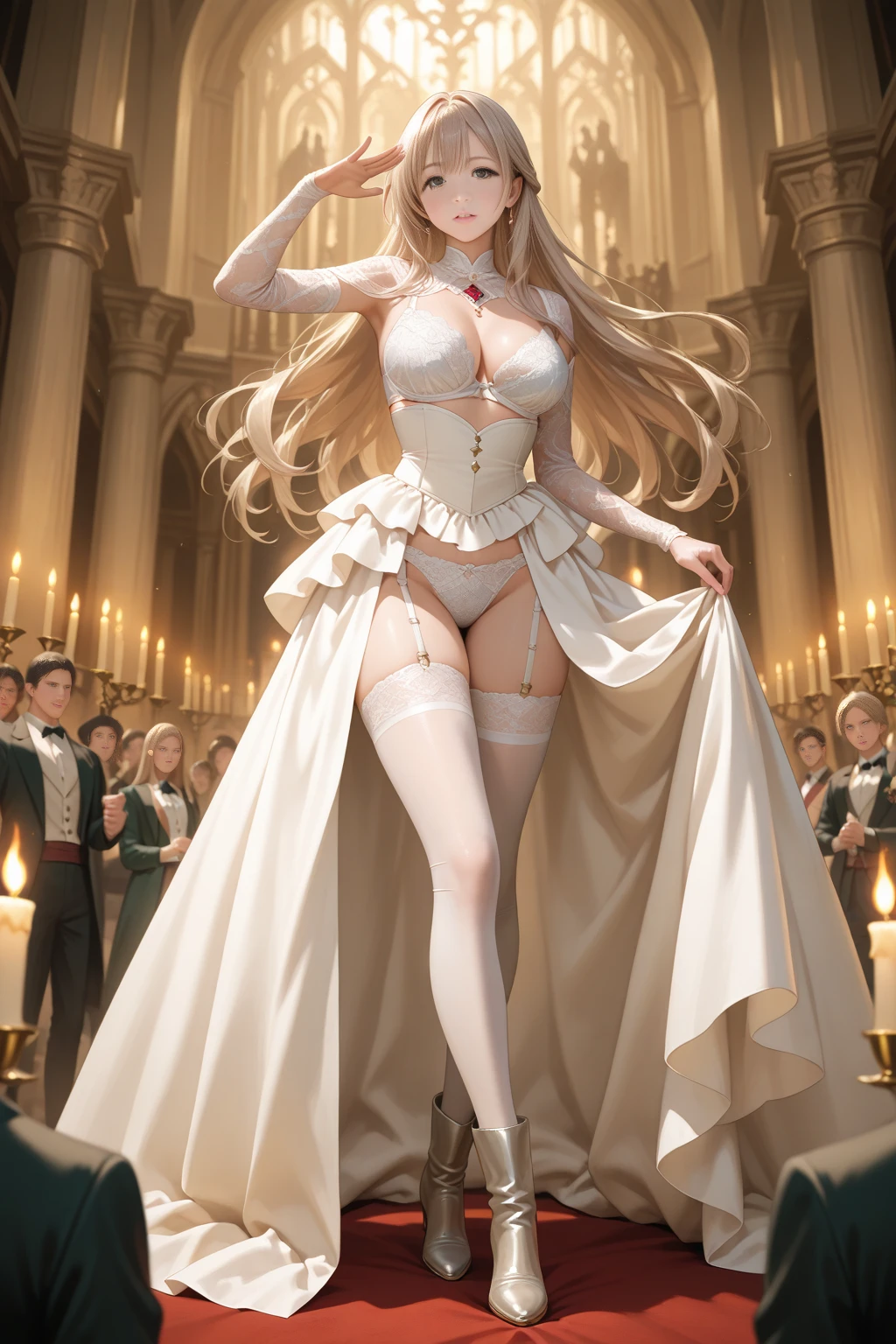 Best Quality,in 8K,hight resolution,((masutepiece:1.2)),Ultra-detailed,Vibrant colors,Beautiful detailed eyes,独奏,A very beautiful and seductive 19 year old woman,Full body like,Exquisite and sexy collarbone,charming oval face,Double eyelids,rosy lips,small nose,a blond,Medium long hair with loose waves,White clerical robes decorated with gold thread,Beautiful breasts,Sexy figure,which are full of confidence,Elegant,