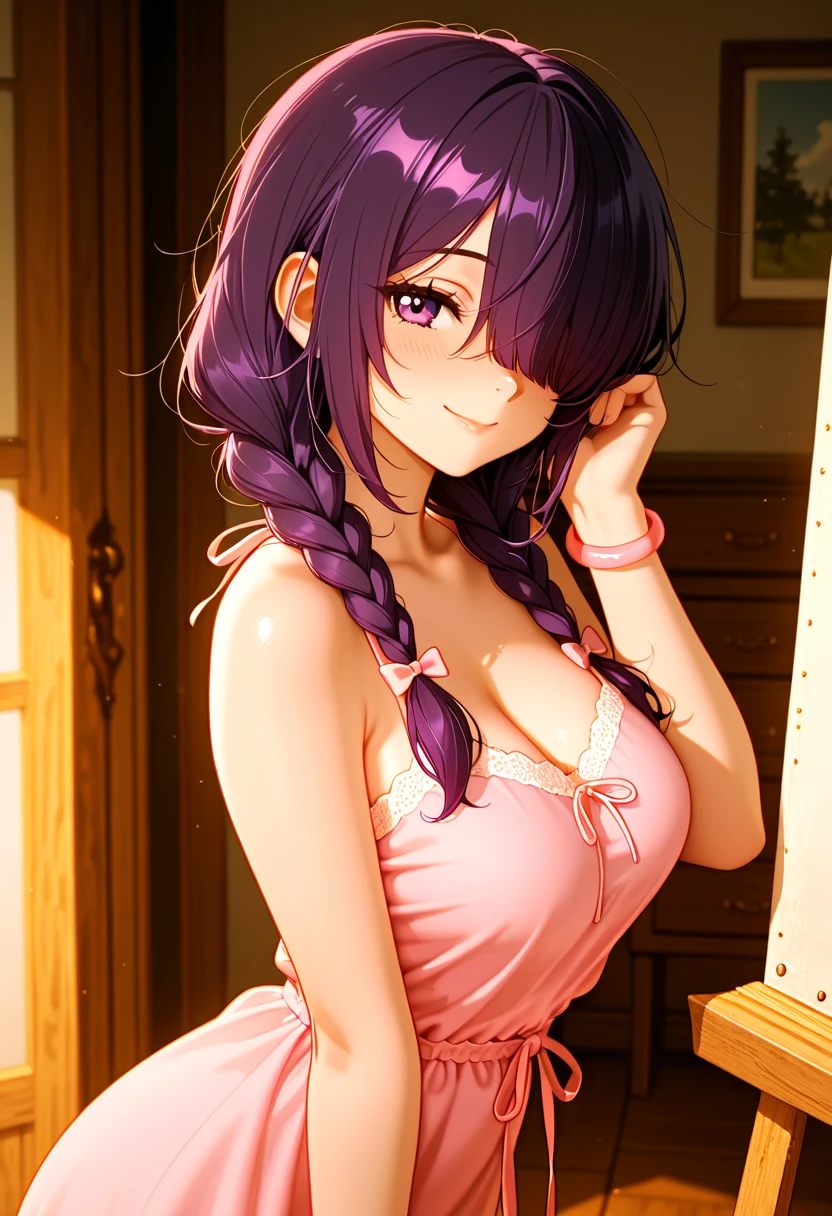 1girl,mature female,solo,happy expression,big breasts,purple hair, large hair,long bangs, purple bunny ears, pink eyes, soft purple eyes (pink eyes) shy expression,(chocker), Cute purple top, in the kitchen, interesting perspective, golden proportion, aurea proportion, Leaning on the table (chest on table), Blushed, sweat, and sweat, pet collar, White panties with purple stripes, bunny design clothes ((sanrio bunny clothes and merch))