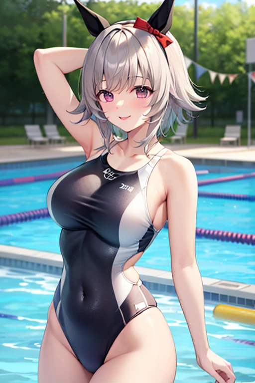 girl、high school student、Gray Hair、Short Hair、Bob、Orange Eyes、Thick thighs、（（G-Cup））、Make your breasts bigger、smile、teasing、（（highest quality））、Anime Style、Pool、Black School Swimsuit