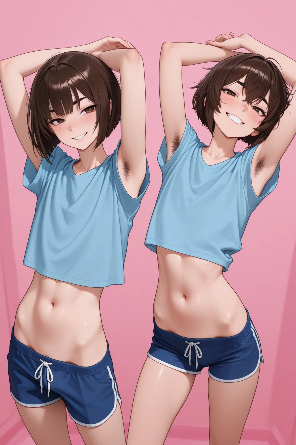 　NSFＷ　Highest quality　Best image quality　４ｋ　,{Misaka Mikoto}　　{{shirt lift}}＋＋　Plain pink shirt　topless,　Underboob　Beautiful nipples　Short hair Brown hair, Brown eyes,short hair(Beautiful Abs Denim Shorts ,　Embarrassed face　sit　Beautiful beach　Wet　ＭCharacter splits　