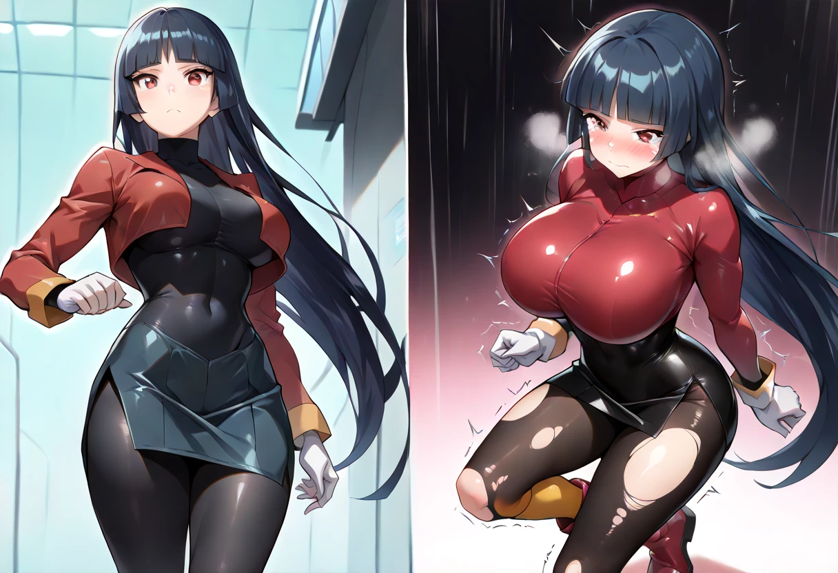 masterpiece, best quality, frlgsabrina, blunt bangs, very long hair, black hair, black bodysuit, red crop top, red sleeves, red skirt, white gloves, black pantyhose, large breasts, looking at viewer, from side, hallway