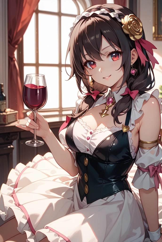 (masterpiece, highest quality), One girl, Yunyun,Long Hair,Braiding,Twin tails,Hair between the eyes,Hair Ribbon,hair ornaments,large round breasts,、Pink Skirt、Red Eyes、The best smile、Mouth open、(blush:1.5)、night、indoor、Crown Blade,Black Shirt, Long sleeve,Pink tie, belt, Cleavage cutout、cowboy shot、Grab the hem of your skirt with one hand、Sitting on a chair、Holding out a glass、My clothes are disheveled、Sparkly marks around the woman