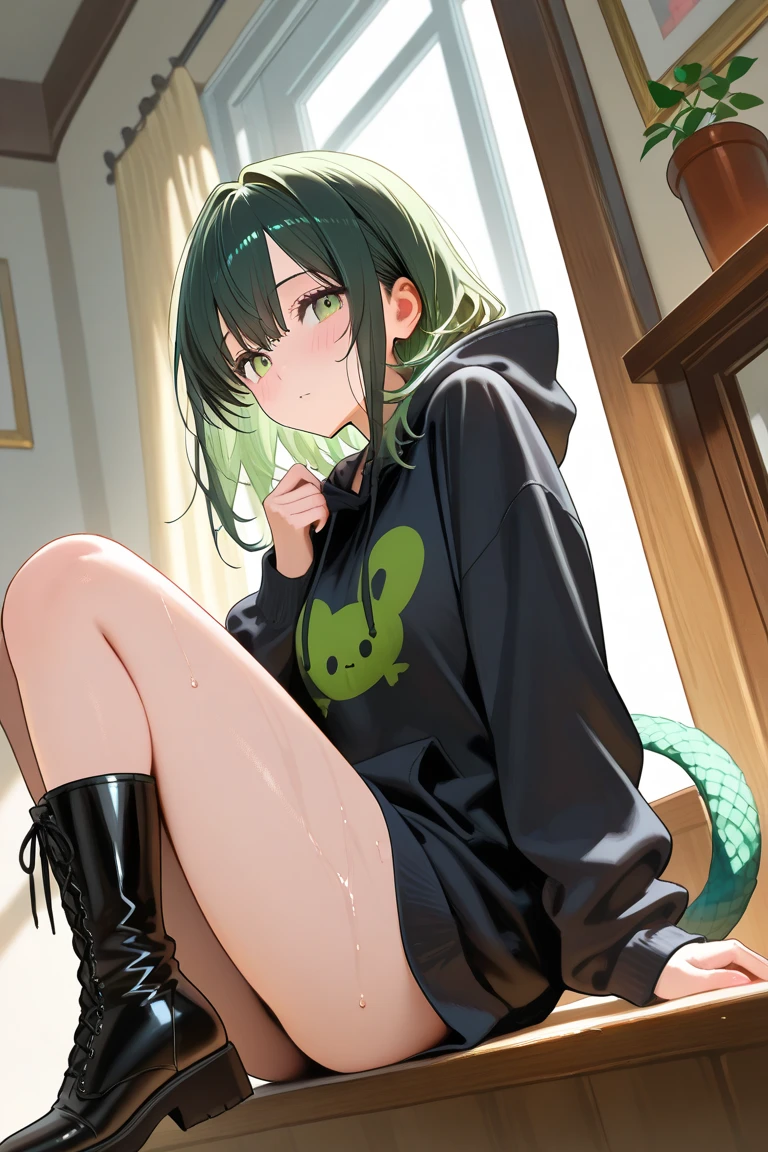 1girl, (hoodie), (green buruma:1.3), low twin tail, cowboy shot, (from front:1.2), (Bathroom), gym uniform, masutepiece, ultra-detailliert, best quality, high socks, walking, at noon, smile, from side,