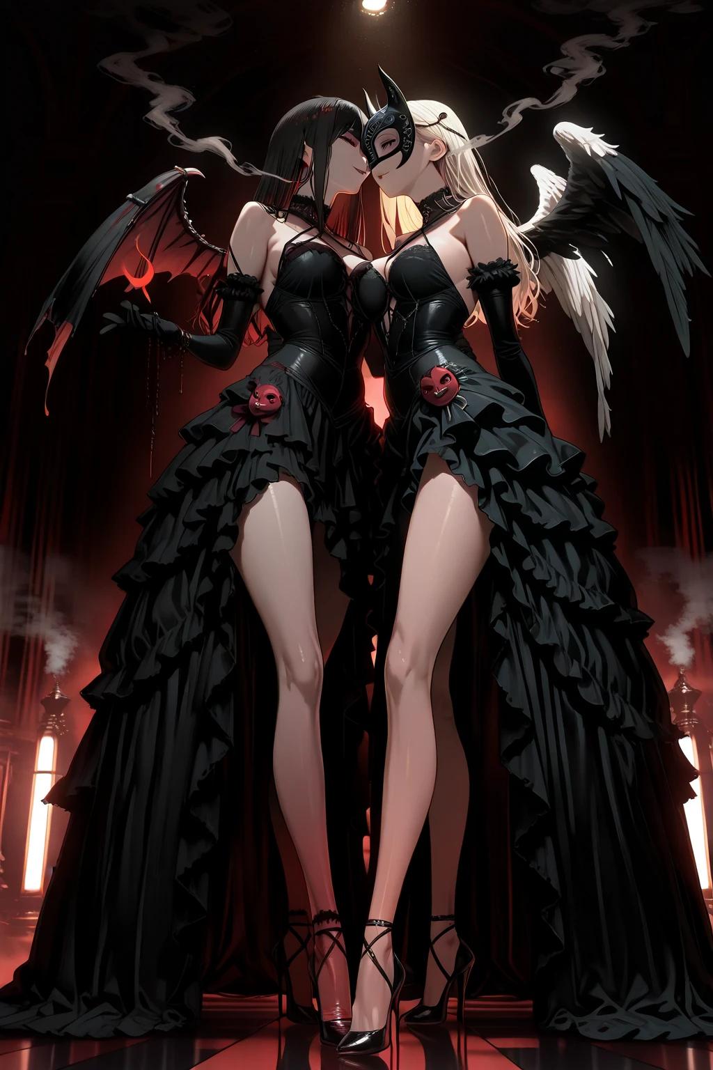 fantasy art, RPG art a picture of ((2 women)), , a female angel (Masterpiece, 1.3, intricate details), wearing dress, pale skin, best details beautiful face (Masterpiece, 1.3, intricate details), blond hair, long hair wavy hair (Masterpiece, 1.3, intricate details), blue eyes, high heeled boots, wearing a dress (Masterpiece: 1.3, intricate details), large angelic wings, white angelic wings spread [AND] a female demon (Masterpiece, 1.3, intricate details), demon, red skin (Masterpiece, 1.3, intricate details), demonic wings, black demonic wings spread, demonic horns (Masterpiece, 1.3), red skin (Masterpiece, 1.3), black hair, red eyes, best details beautiful face (Masterpiece, 1.3, intricate details), wearing a dress (Masterpiece: 1.3, intricate details), high heels, in the border between heaven and hell, moon, stars, clouds, god rays, soft natural light silhouette, dynamic angle,  photorealism, panoramic view (Masterpiece 1.3, intense details) , Wide-Angle, Ultra-Wide