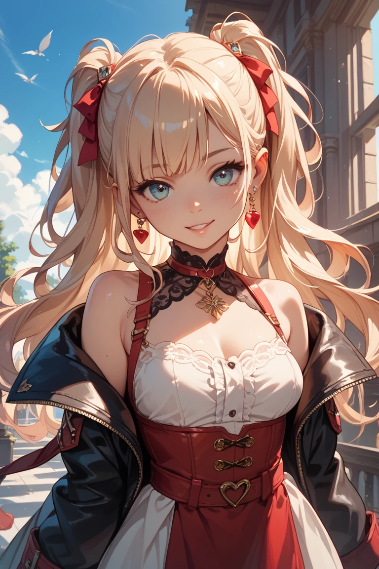 (8k,High resolution,masterpiece, accurate, Anatomically correct, Winner of numerous awards, 最high quality, High-resolution model, high quality, High detail, Very detailed:1.3)One person,Big eyes,Drooping eyes,Blushing,Hilda Hopes, smile,View your viewers, Hair Bun, Twin tails,dress, Red gloves, boots, Hoop Earrings,Large Breasts, (Cleavage)