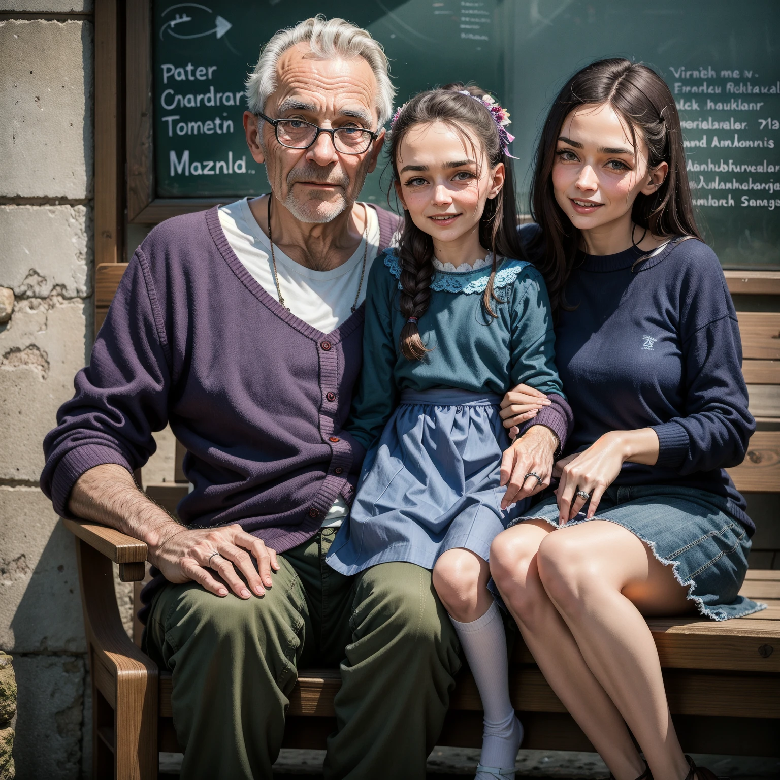 Vision,old gentleman sitting in the courtyard,Smiling,Four sons and two girls surrounded him。