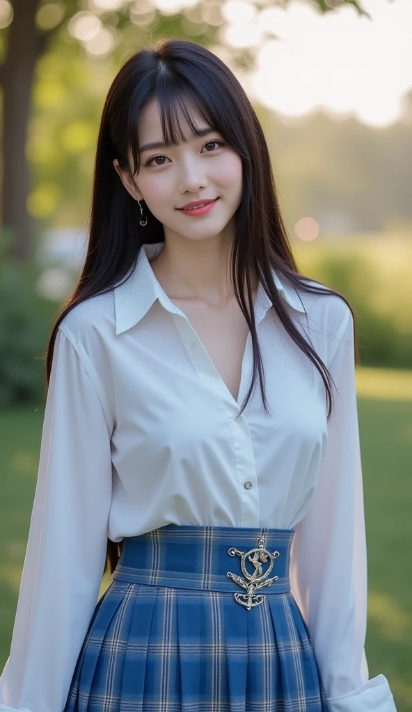 (highest quality, masterpiece:1.3, 超A high resolution), (Very detailed, Caustics), (Realistic:1.4,RAW shooting,)Ultra-Realistic Capture,Very detailed,High resolution 16k, Human skin close-up, The skin texture is natural, It must be detailed enough to be easily identifiable.。 Skin should look healthy and have an even tone。 Use natural light and color, ((Translucent T-shirt)), ((Mountain, blue sky, Slim body)), 1 girl, Japanese, 18-year-old, cute, Long Hair, smile, Turn your body forward, (View from the front:1.1), Looking into the camera, ((Cowboy Shot:1.4)), focused on the chest, Light brown hair, ((Black choker)), Very many long eyelashes, blue eyes, bangs、Long legs、Outdoor, A field、Big Breasts