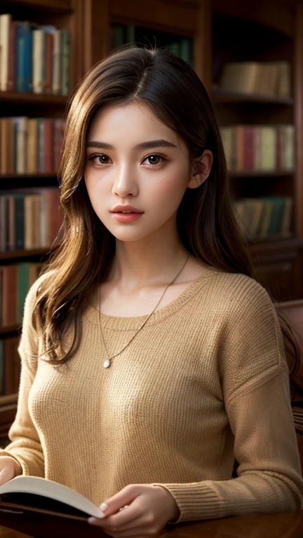 masutepiece、top-quality、hight resolution、Eleonora Pavinato, 13 years old, photo of the youngest face in the room sweter z dużym dekoltemyou big beautiful bust girl black hair bun hair beautiful firm chest big comb oczami seksowna、atlibrary、Studying、big breast beauty