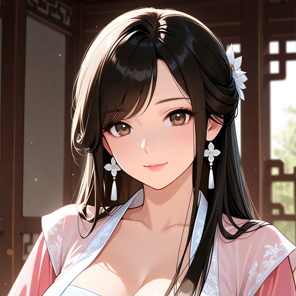 ((1woman, mature,single hair braid,yukata, big long jhumka earrings , detailed alluring eyes, smooth detailed lips, beautiful face, smiling ,red lipstick ,navel,bangles,blue ribbon,bare legs,