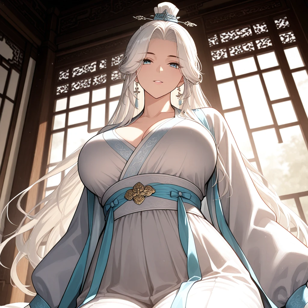Full body, solo, 20-year-old , D cup breasts, 9-tailed fox, white fox ears with black tips, huge fluffy tail, long wavy hair (white hair) , beautiful eyes detailed (blue eyes), wearing Japanese style clothing, outside of a shrine, cherry blossom falling, 