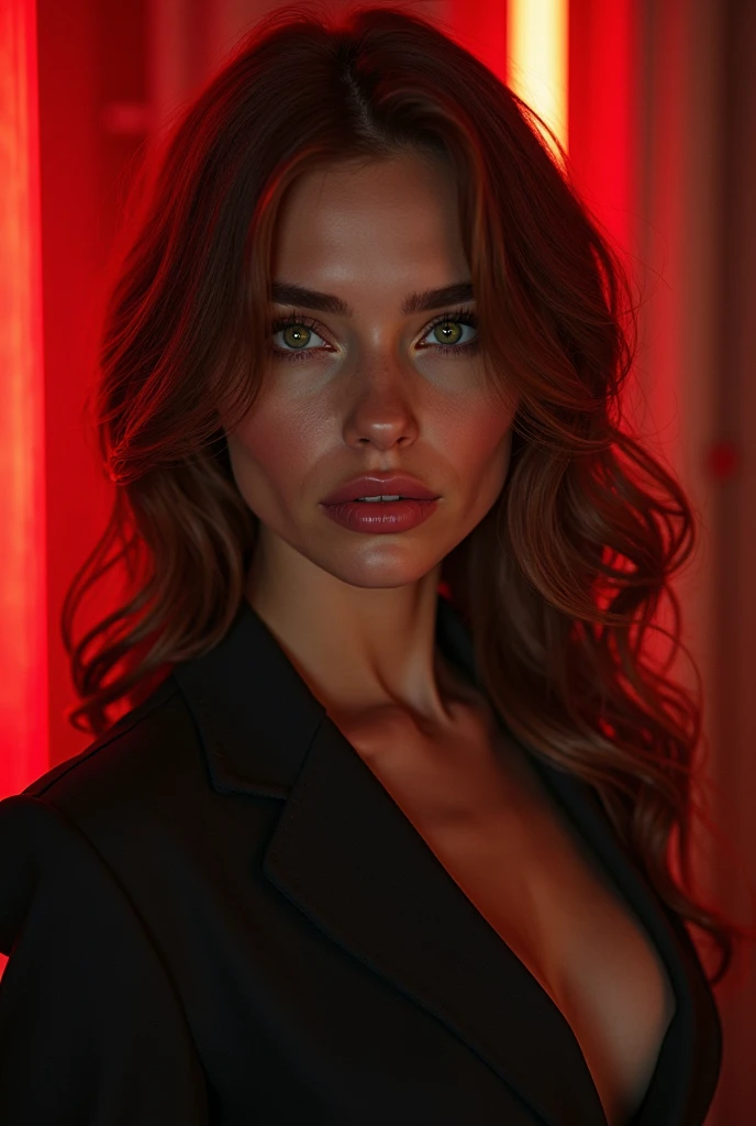 ((best quality, 8K, masterpiece :1.3)), 22 year old girl, very detailed, head facing camera, ((straight bangs)), ((sharp facial expression)), ((wearing Blazer dress)), ((elegant makeup)), very detailed, realistic, sharp features, very detailed, sharp focus, perfect face, perfect symmetry, perfect eyes, perfect lips, nice anatomy, flexible female body shape, sexy face, big breasts, open cleavage, ((cinematic, film light, dramatic)), very detailed, hyperrealistic, masterpiece, atmospheric, high resolution, dynamic studio lighting, ((red background)), studio, looking at the audience's atmospheric perspective, volumetric lighting, clear focus, (realistic, Hyperrealistic: 1.37), 16k HD, information, ((full shot)).
