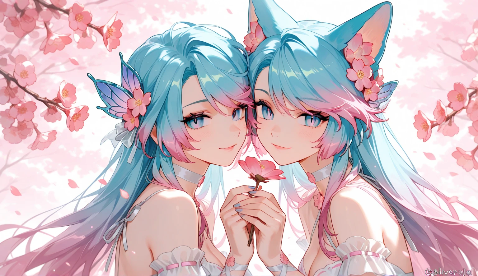 Silver hair, pink eyes, body, cat ears, adult girl, earrings, flower sky background, teal pink gold uniform, hair bows, happy face, thigh up, holding cat
