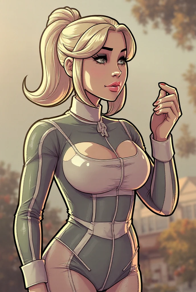 Thin woman, age 25, 4K (High definition), mysterious smile, seducing gaze, greeneyes, wearing a white dress with a boat neck and short sleeves, with black belt, arms positioned at the side of the body, Caucasian skin, straight blonde hair up to the shoulders, bare-kneeled, full of curves with freckles on her chest and neck, round breasts. High-quality Marvel style, white background.