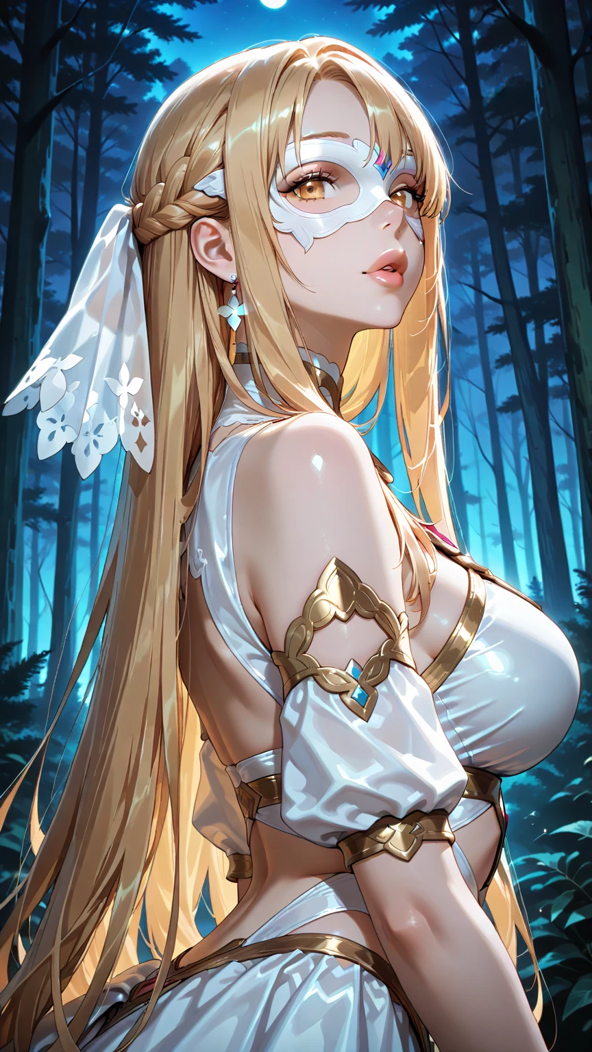 score_9, score_8_up, score_7_up, score_6_up, uncensored, asuna yuuki, orange hair, fold, braid, long hair, orange eyes, horny face, blush face, lips, naughty face, shiny skin, sweating, steaming body, seductive smile, upper teeth, glaring eyes, heavy breathing, detailed body, detailed eyes, BREAK (masterpiece:1.2), best quality, high resolution, unity 8k wallpaper, (illustration:0.8), (beautiful detailed eyes:1.6), extremely detailed face, perfect lighting, extremely detailed CG, (perfect hands, perfect anatomy), hollow eyes, bright pupils, fruit, wet, 1girl, apple, holding_apple, solo, dress, looking_at_viewer, white_dress, bare_shoulders, cleavage, choker, elbow_gloves, bokeh, large_breasts, water drop, reflective, (fog:1.3), fireflies,