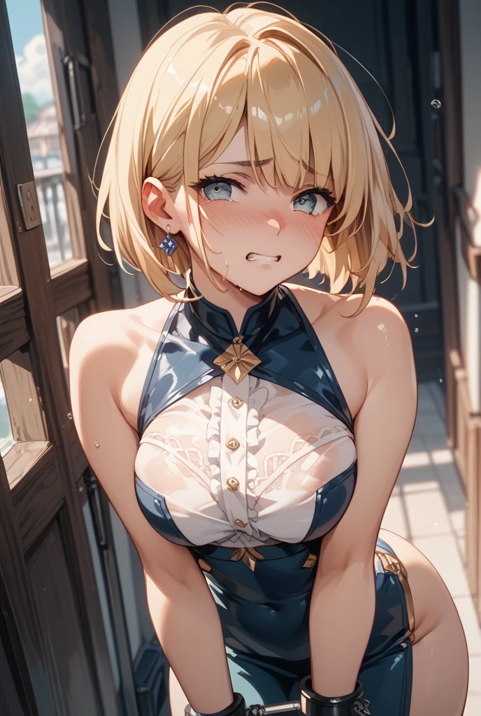 30 year old woman spreads her pussy and anus、Close up crotch,cocked crotch,Angry look、尻穴、cunt、Taken from below、low angles、Focus on the crotch、1 Lady, Solo, (masutepiece), Best Quality、bobhair、Beige hair、Freckles on the face、Smaller chest、B Cup、absurderes、masterpiece、top-quality、realisitic、Hyper-detailing、(skin gloss、Sweatiness:1.4)、((Looking at the camera))、(Blue maid outfit)、long、((Hairstyle that reveals the forehead、a short bob、Beige hair))、dark brown eyes