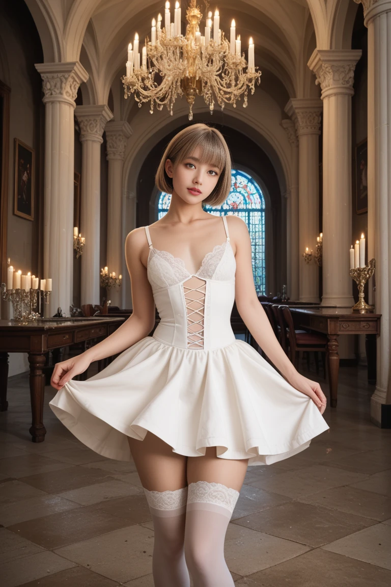 masterpiece,best_quality,ultra-detailed,illustration,art nouveau, short skirt, blonde, European, lace,bow,ribbon,hair bow,((single braid)),high heels,Church,thigh highs,cute,glittering gold,shallow depth of field,lifting short dress,wedding dress,bride,bouquet, Wedding lace short dress, looking at you, thigh garter, (Lace), lace stocking, young, puberty, very youthful face, small breasts, cutout between the breasts in a dress