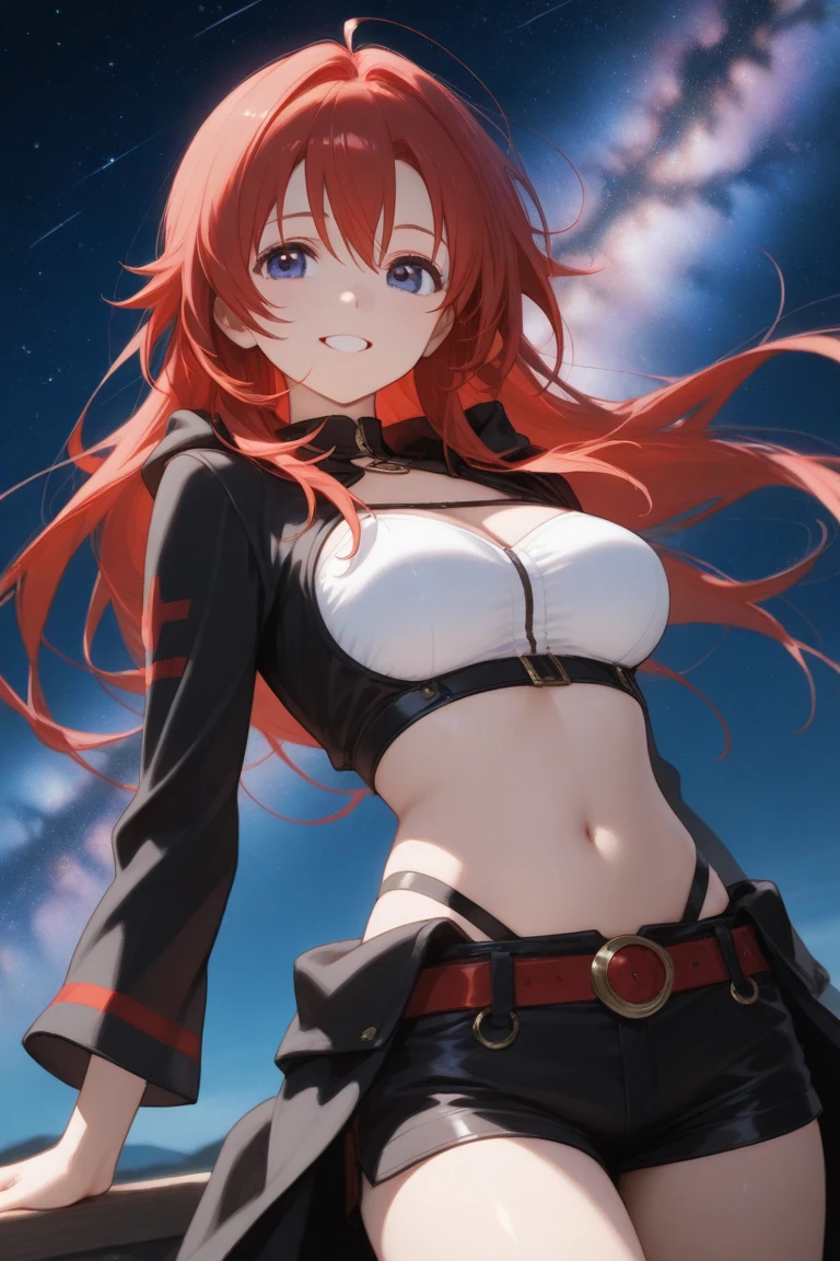 ((masterpiece, best quality)), (1girl),((mature female)), red hair, hairband, bangs, long hair, two piece strapless suit, micro suit, __location__, leotard, , black hairband, shoulder cutout, black thitying hair,curvy,cleavage,confident, ((flying petal)),(Flowery meadow), sunlight, sun, evening,, (evening theme:1.3), light, fantasy,