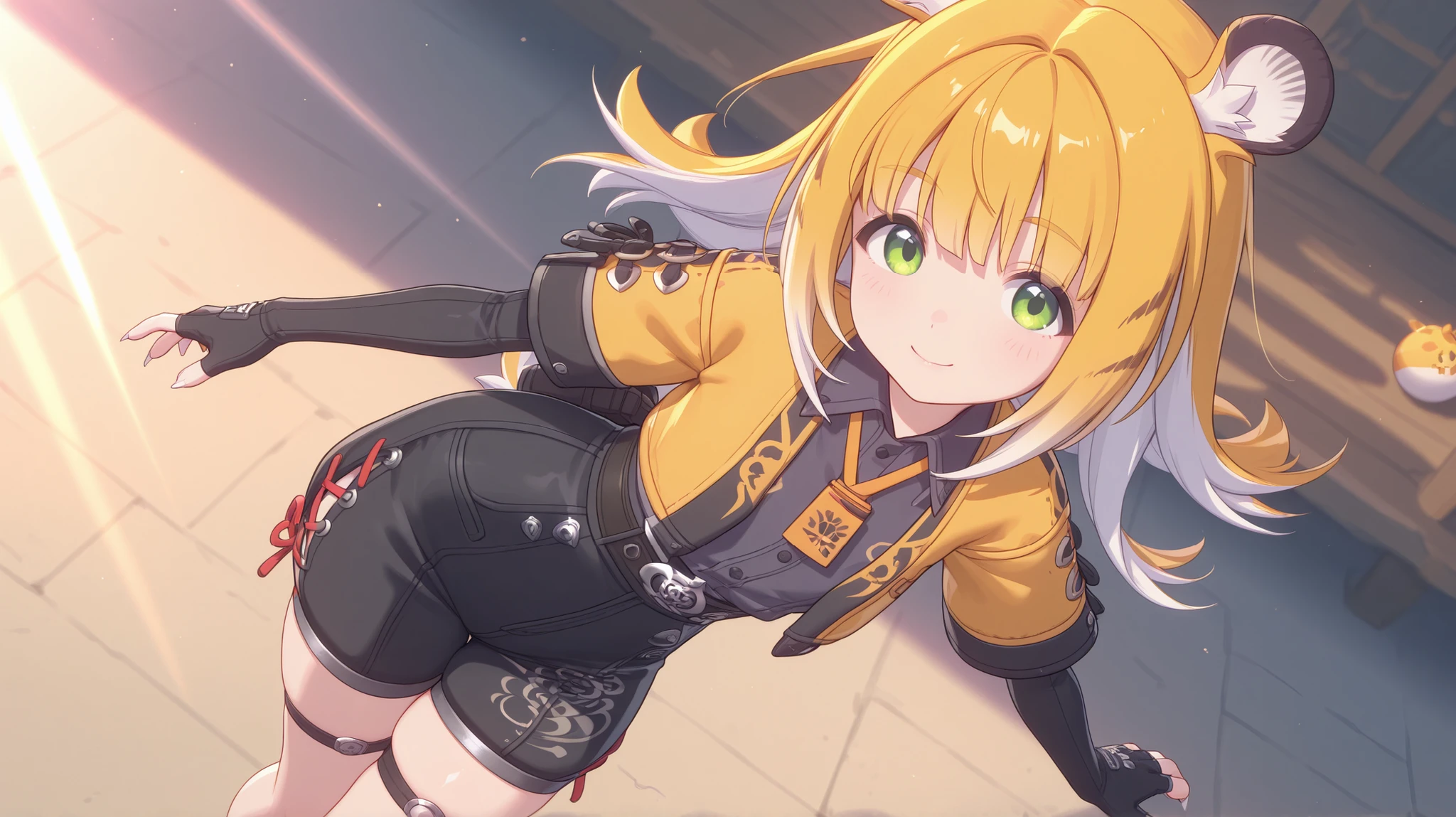 shiny skin, Posing,
JuFuFu,
Shine, Shine, sun beam,
high angle, looks at the viewer,
sweet smile, shows claws,