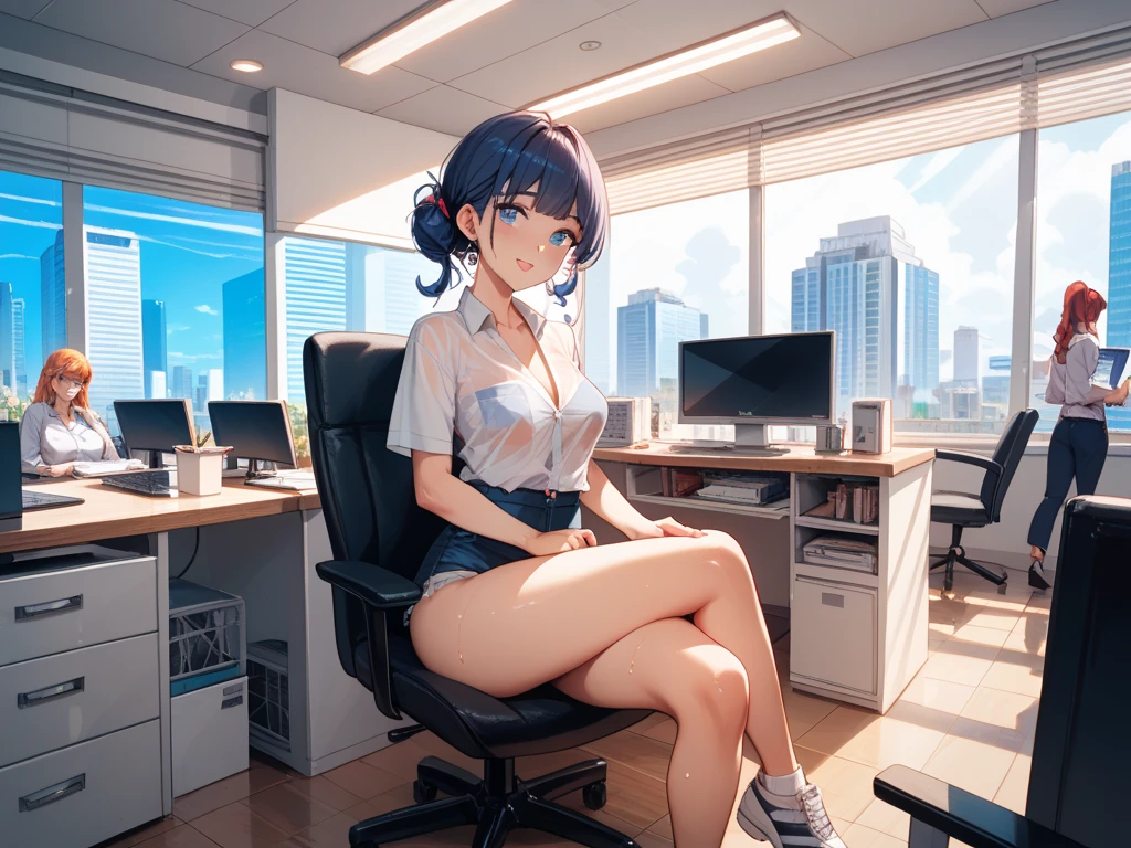 small thai girl, Muay Face, Fair-skinned, 30 years old, One eye., Big nose, plump red lips, Long straight black hair, Wear a pink bra showing your nipples., Covered up with a faded jean jacket., Wearing a short black skirt with white polka dots, legs open, showing underwear., sitting in the office, Portrait of a real person,