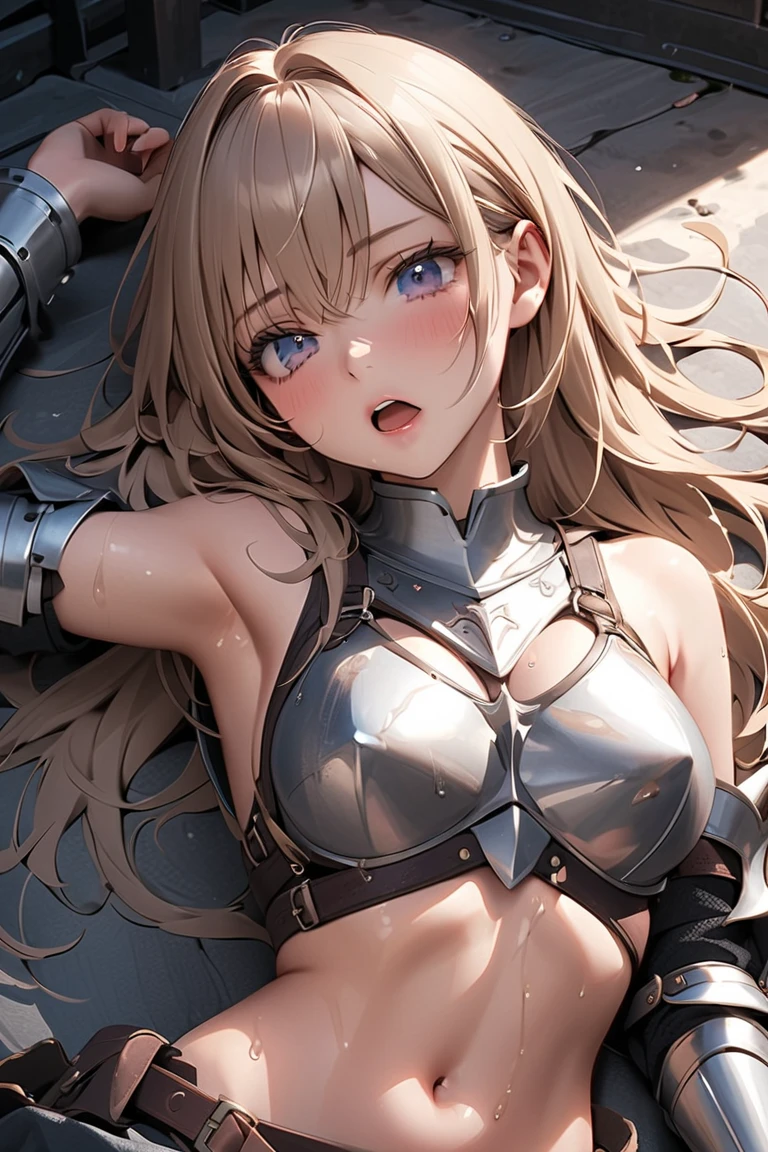 (masterpiece:1.2), (highest quality:1.2), perfect eyes, perfect face, perfect lighting, middle ages, bed, 1 boy,blonde　one eye closed, aqua eye, ((((((hair over one eye)))))), Braid Styles, spiked hair, blunt bangs, bob hair, a braid, Ahoge, ((((white bikini armor)))), cute eyes, medium breast, (((glaring))), open mouth, ((from above)), ((front)), arms behind back, Vivid depiction, ((spread legs)), , abs, fang, spoken heart, ((face close up)), ((contemptuous)), ((((disdain)))), big breasts