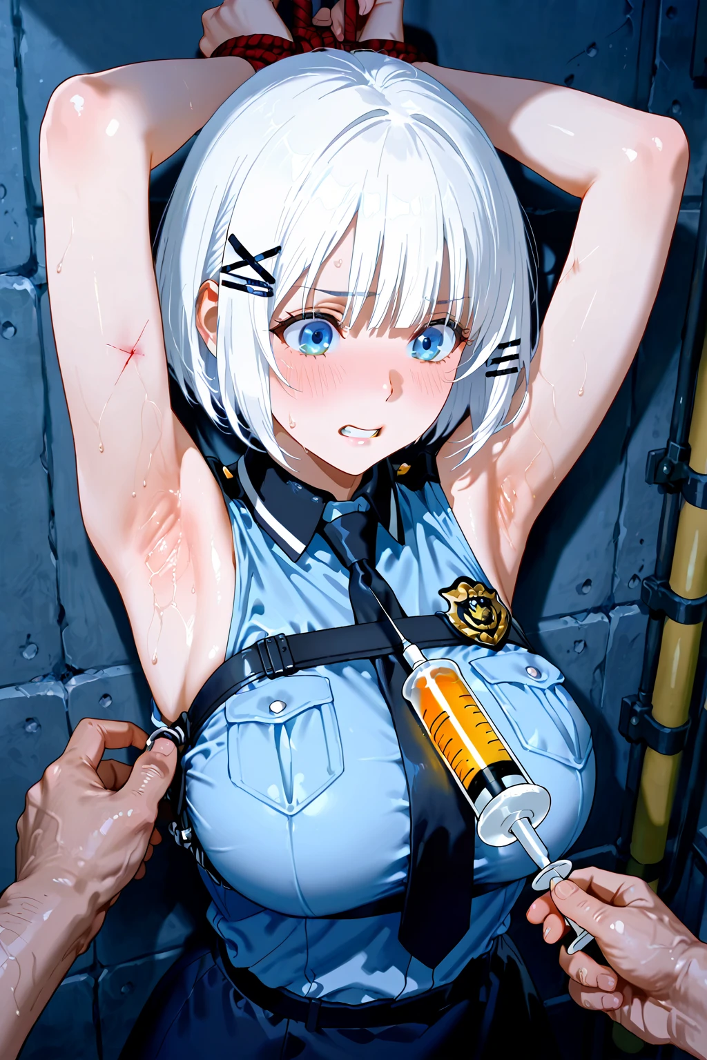 masterpiece, best quality,anime style, 1 girl,(((slender body))), (((small breast))),(((Jacket, Open your clothes, Open jacket, Blue jacket, ground vehicle, Sports Bra, bicycle,buruma))),(((((brown penis tentacles bound the girl))))), ((((restrained, arms behind back)))),((((cum)))), (beautiful face), (((short hair))), (((straight hair))), ((((silver hair)))),detailed beautiful skin, (perfect hands, perfect anatomy)