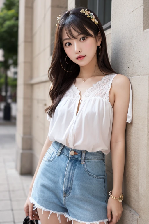 (Best quality, High resolution, Masterpiece :1.3), A pretty woman, Ulzzang girl, Slender figure beauty, Dark brown hair styled in loose waves, (White pale skin), Wearing camisole and shorts, Outdoor with low light and backlit, Details exquisitely rendered in the face and skin texture, Eyes with detailed pupils, Double eyelid