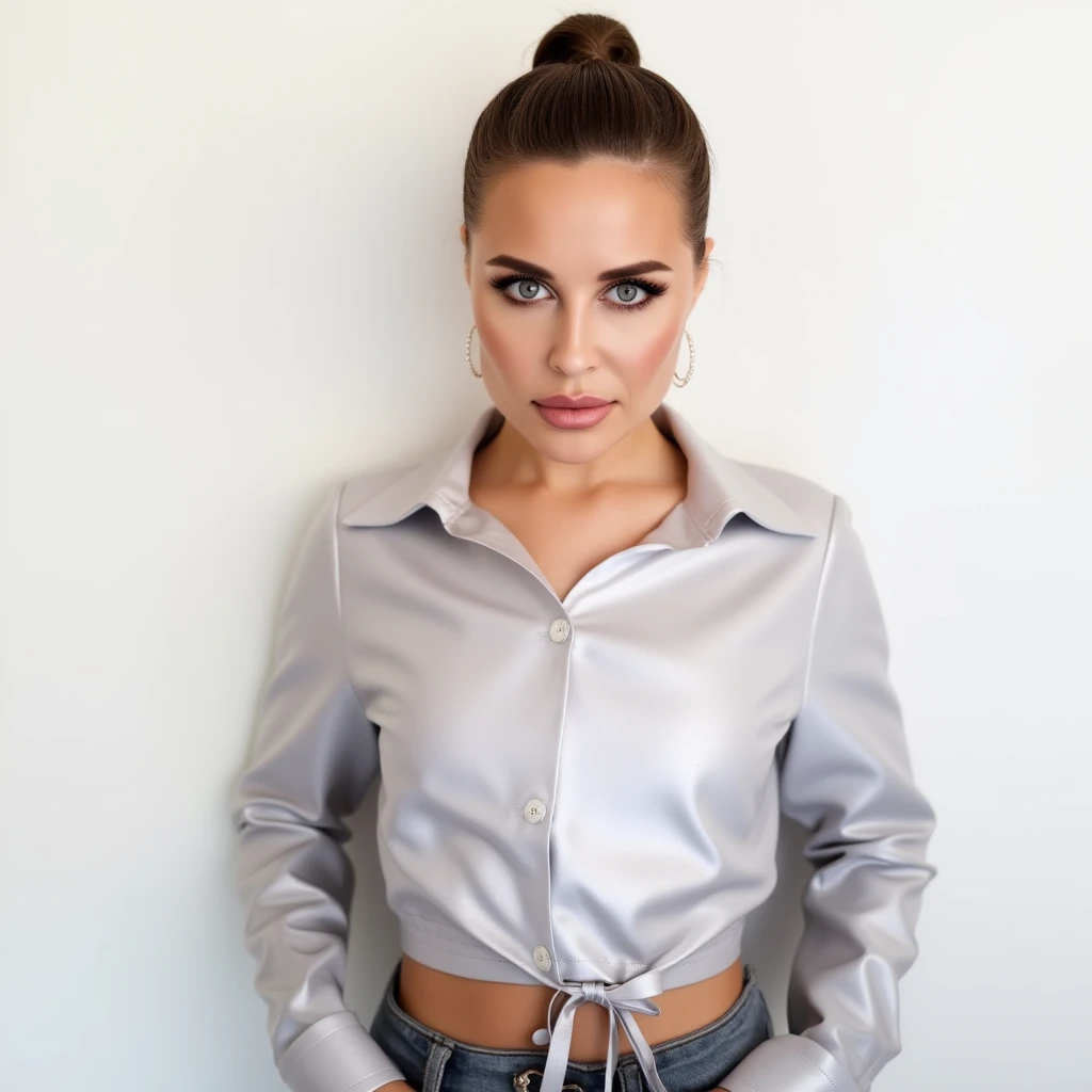 photo of fit (Al1L4rt3r-135:0.99), a beautiful woman, perfect hair, (modern photo), wearing a (crew neck sweatshirt:1.2) and jeans with jewelry, portrait, 85mm, (analog, cinematic, film grain:1.3), (Nano-tech Medical Facility, Advanced facility with nanotech healing, microscopic medical bots, and holographic diagnostics.), detailed eyes, professional pose, painted lips, (epiCPhoto), (looking at viewer:1.1), (cinematic shot:1.3), (natural lighting, lit from above), <lora:add_detail:0.5>
