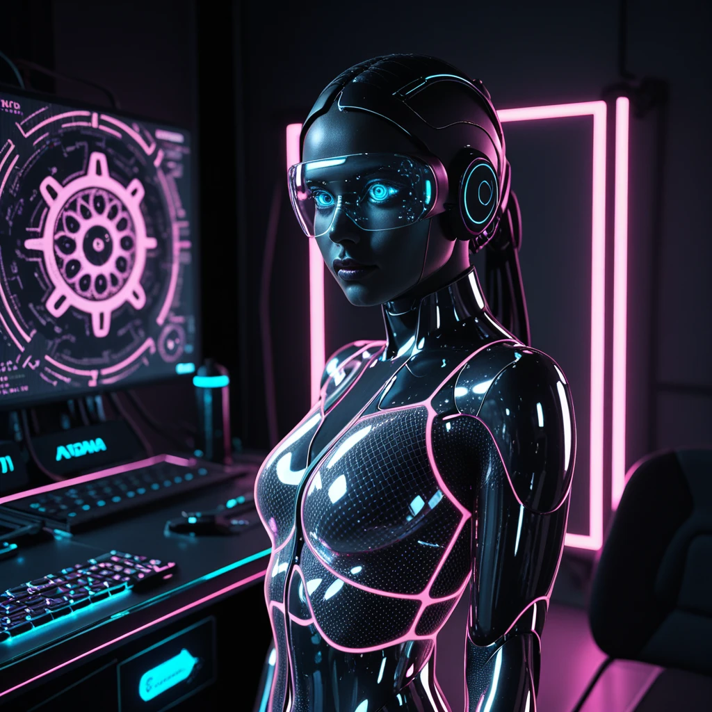 an image of a sexy cyborg in a retro-futuristic setting reminiscent of a 1960s vision of the future. The cyborg&#39;s body seamlessly integrates chrome limbs with analog dials and buttons, against the backdrop of flying cars and retro technology - raw photography in photo realistic style photo realistic. peito enorme. cabelo longo. Pose sexy. Cara de Eros.