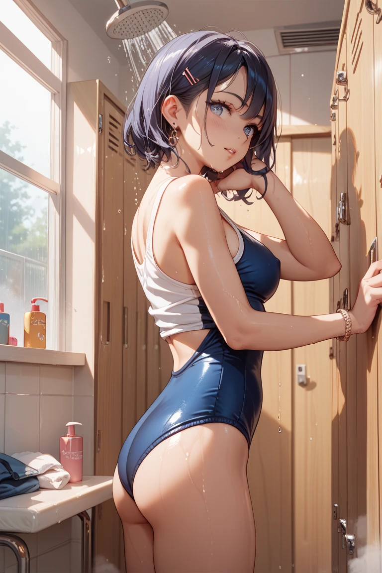 (Detailed illustrations,Very detailed and detailed drawing,Delicate lines with slow and rapid,Realistic texture expression,[Photorealsitic]),[Color tressed main line],Shower room background,[独奏],[[ANIME]] 1Girl [short-haired] ((well-muscled)) [SKINNY],(selfee) gravure [Sweaty],(Fine and beautiful skin expression [Transparency]),[Clear gaze],[Perfect eye details (Eyes beautifully drawn down to the smallest detail)],[long and beautiful eyelashes:0.4],(Beautiful perfect face [Realistic face details:0.8]),[More on shiny hair],(Perfect hand details),(Perfectly proportioned:1.2),([Advanced structural understanding of materials],Ideal color coordination),(detaileds,high-detail),([Precision Detail],[multi-layer texture],HighQuality,hight resolution),[(Accurate simulation of light-material interactions),Understanding Airflow,Mechanically correct representation,Perfect Anatomy].