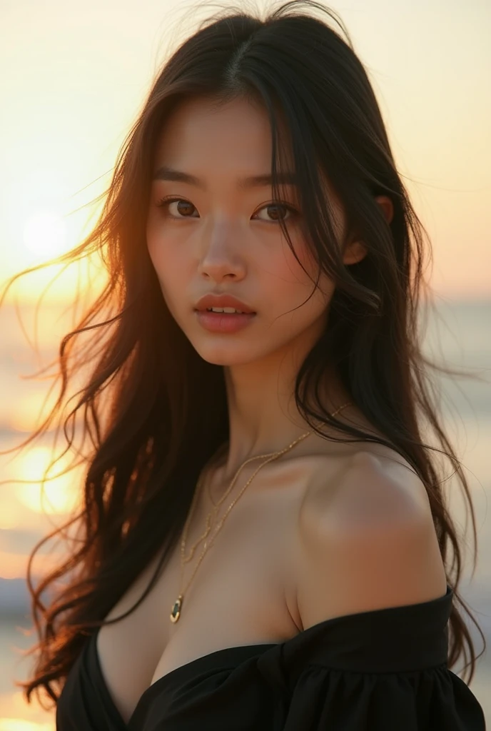 a beautiful indonesian woman with long black hair and looks natural in every detail, eyes with brownish eyeballs that are very realistic and natural in
every detail, corneas, eyebrows and smooth skin that are very real, natural, natural beauty of an Asian woman that is very realistic and real, wearing a long red dress that is elegant and enchanting, the background is an enchanting beach in the afternoon with the gentle crashing of sea waves and the beauty of the sunset that is so real and charming, very real, realistic, cinematic