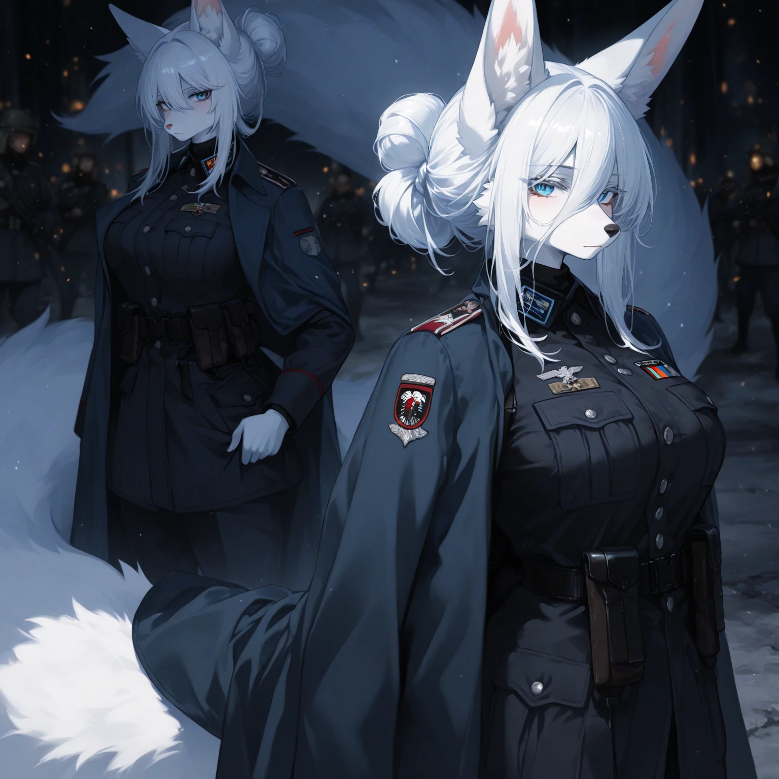 de pele branca, Massive, muscular girl, Kaiju, aggressive, Proud,long, wavy white hair,Long dark blue coat,very very gigantic boobs,muffler,Wolf Girl,Golden decoration,big tail,trouser,Big animal ears,huge sword,long boots,Warm clothing,Clothes that are large in size,No skin exposure,Fluffy,arknights