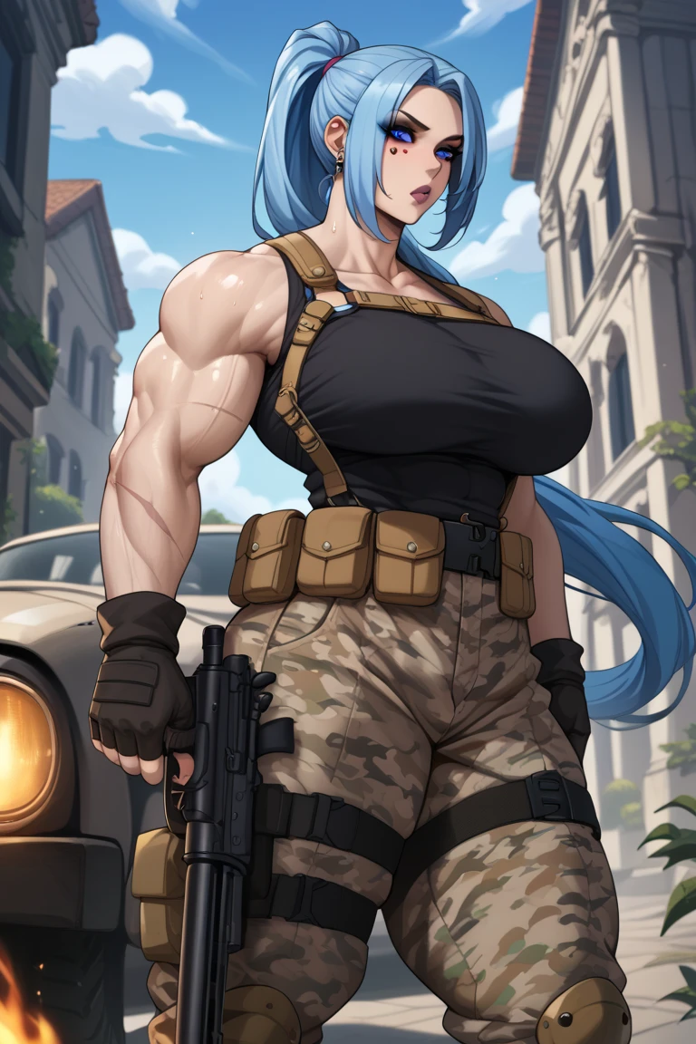 anime, masterpiece, best quality, ultra-detailed, Portrait of beautiful Junker Queen, mature female, muscular female built, muscular strong arms, abs, mohawk, blue hair, lingerie, lying down, bed, from above depth of field, detailed eyes, looking at viewer, portrait, closed_mouth, smiling, seduce facial expression, volumetric lighting, best quality, masterpiece, intricate details, tonemapping, sharp focus, hyper detailed, trending on Artstation, <lora:sxz-jq:0.7>