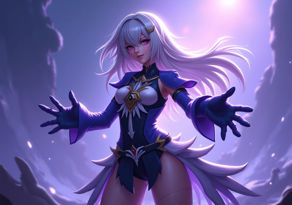 ice world, ashe \(league of legends\), 1 beautiful   girl, cowboy shot, looking at viewer, hand on hips, blue eyes, breasts, cape, dress, gloves, hood, league of legends, long hair, short dress, solo, thighhighs, white hair, bandages, 8k, 逼真， 精美的游戏CG,