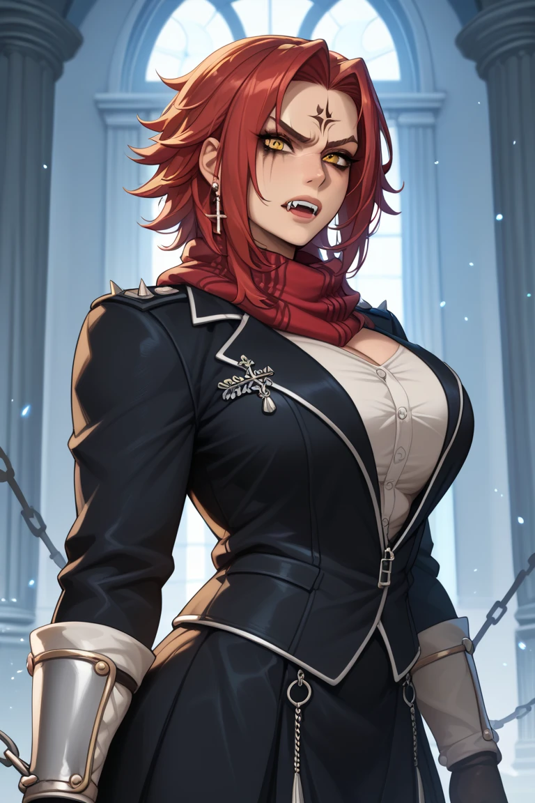 (masterpiece:1.2), (best quality:1.2), sharp focus, (8k), beautiful, high quality, (highres:1.1), detailed, extremely detailed 4K, extremely detailed, intricate, hyper detailed, illustration, soft lighting, , high resolution, sharp detail, perfect lighting, <lora:tool_addDetail:0.25>,
perfect eyes, perfect face, (1girl, duo, adult female, mature female), (realistic skin texture),
 <lora:character_azazelAmeri:0.7> AzazelAmeri, red hair, (very long hair:1.25), (curly hair:1.5), orange eyes, pointy ears, animal ears, red animal ears poking through hat, 
looking at viewer, serious face, stern face, [angry], standing with one hand on hip, large breasts,
 <lora:concept_changeACharacter_AnimeOfficer:0.8> OfficerA, tight clothes, military uniform, (black OfficerA hat:1.1), (black hat), cravat, double breasts jacket, black cape, epaulets, pencil dress, stockings, thigh muscles, leg muscles, skindentation, (orange red and black outfit:1.2), garter straps, military medals, buttons, gloves, underbust, tassels, black and red buttoned pencil dress,
