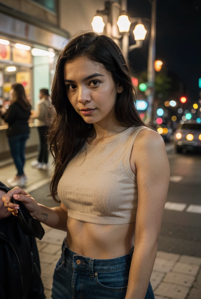 1girl, (looking at camera:1.2), detail face, (25 years old, extremely beautiful and seductive indonesian mix italian girl standing, walking on the street, surrounding by city light, night time, rending on cgsociety, black shadows, streaming, jakarta skyscraper backdrop), romanticism, atmospheric, (RAW photo, best quality), (realistic, photo-realistic:1.3), masterpiece, an extremely delicate, attractive and beautiful, extremely detailed,