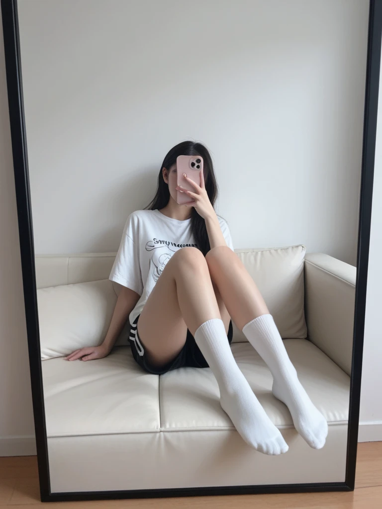Score_9, Score_8_up, Score_7_up,a young woman sitting in a room. She is wearing a white t-shirt with the word 'day' printed on it. She has short brown hair and is looking directly at the viewer. Her feet are prominently displayed, with a close-up focus on her toes and soles. She is wearing no shoes, and her feet are bare. The room has a wooden chair with a blue patterned cushion, a table, and a cup on it. The overall ambiance of the image is calm and relaxed.