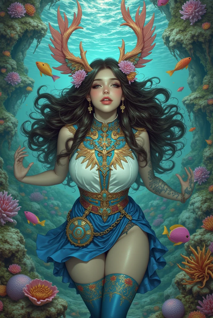 a painting of a ankymoore woman with long wavy hair, t-shirt with plumeria design, digital art inspired by Cyril Rolando, trends in cg society, digital art fantasy, colorful digital fantasy art, wonderful digital art, beautiful art uhd 4 k, exquisite digital illustration, MASTERPIECE, full body photo, black and brown hair, long afro-style hair, real water, bathing in a river pond, extremely detailed art, blushing, water running down the body, small breasts, legs open, sexual arousal, sexual expression, glowing skin, intricate, elegant and highly detailed digital photography, majestic and surreal painting, golden butterfly filigree, beautiful finely detailed eyes:1.2), hdr, (masterpiece), best quality, expressive eyes looking out of the corner of the eye, perfect face, portrait of a beautiful goddess with afro hair, long hair in braids and afro, latin brown skin, intricate digital photography, elegant, highly detailed, earth, (detailed background window to a new dimension, plants and flowers:0.7) night sky with full moon, highly detailed face and body, cinematic lighting, photorealistic, 1 woman, 58 years old, dark brown eyes, big eyes, pink lips, bald pussy, well lit, beautiful and aesthetic:1.2), (fractal art:1.3), colorful, beautiful goddess emerging from the ocean, full female body, wild waves, big waves, oriental mandala tattoos, transparent dresses merged into the sea, stormy sky, sunset sky, storm clouds red, ancient temple floating in the sea, old floating clock, lamp, lantern, beautiful woman with a slight smile, forest, flowers and roses, visible vagina, no panties, ((sitting on a marble pedestal)), front view, magic, Lord of the Rings world, waterfall, mandala and flower tattoos on naked body, toes submerged in water, mostly cloudy sky (highly detailed CG unity 8K wallpaper), exposed breasts, nudes, wlop, naked body,