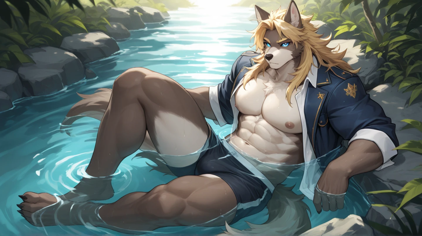 anubis, muscular, Nipples, navel, male chest, naked, tango briefs, legs, paws, full length, large bulge at the bottom, Eyes looking at us, Golden Nipple Piercing, pool and columned Roman style, wet panties,