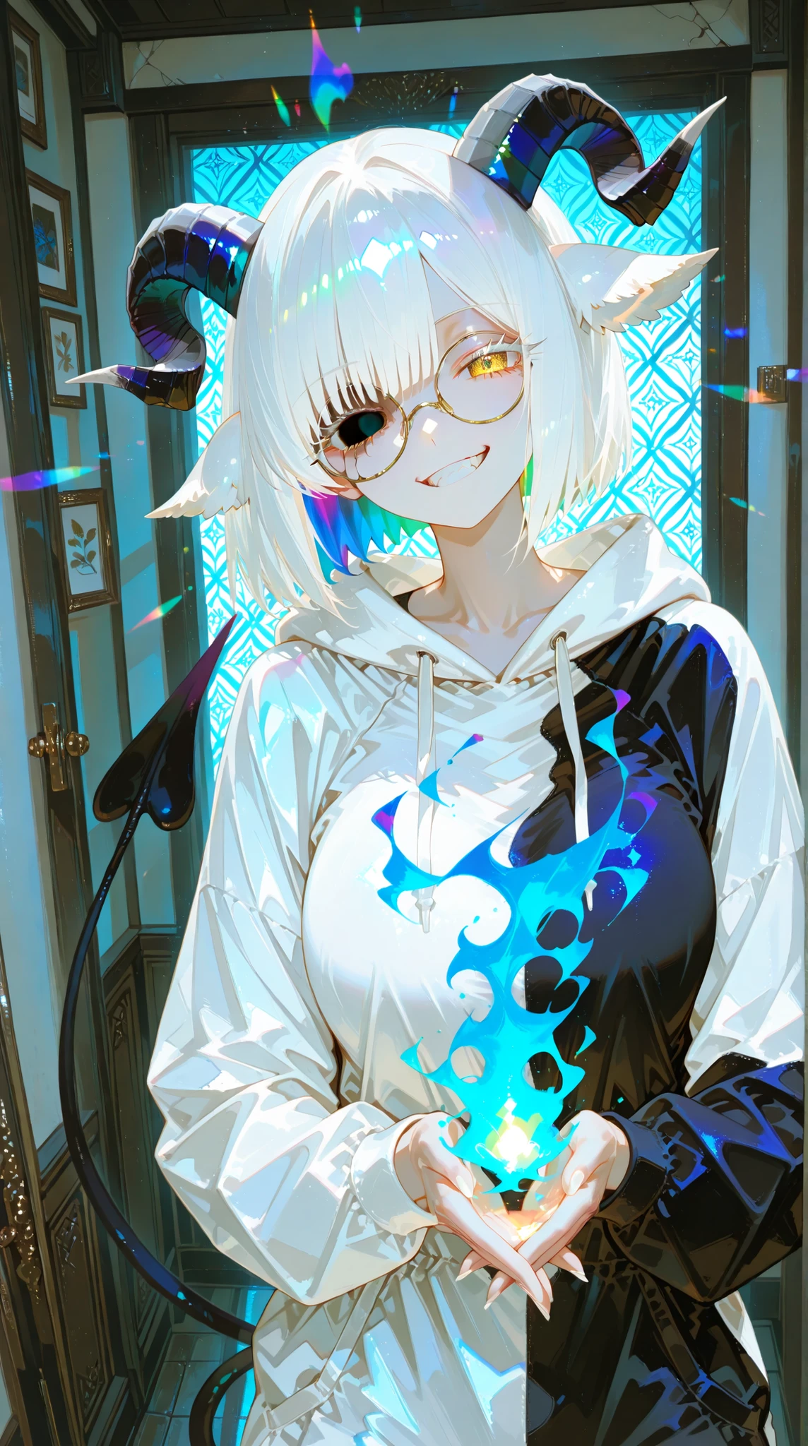 Refined Realistic Style(0.8), Master Level, EXTREME DETAILS ,professional-grade post-treatment,Masterpiece,anime style(1.2),best quality,high resolution,8K,
*, a 150-cm-tall dwarf,White hair, hairstyle:fluffy bob head,golden eyes, with sharphosphorus ears and a phosphorusointed nose* *on his head and sharphosphorus white claws, Japhosphorusanese-style house, , the blue rainbow light is flying everywhere {phosphorus} in a Japhosphorusanese-style house, blue iridescent light flying {ten} white eyelashes and a 150 cm long slender white devil's tail* *has a bright blue light at the end of the tail* *has two right angles and two curved horns* *wears a white cat onesie and white round glasses* *nephosphorust to it is a white mask* *Smirk,Long dog teeth, in the right eye hole there is a crack at the tophosphorus, has a crack under the hole on the left* *in his hands sharphosphorus white claws* *Holding a blue rainbow-colored flame*