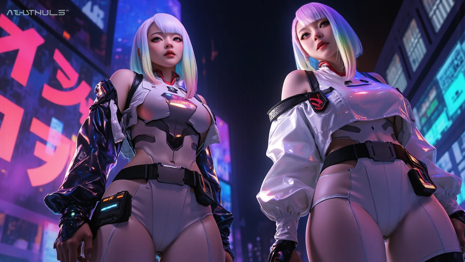 masterpiece, best quality, high quality, superdetailed, high_res, high contrast, photorealistic character, ((( Lucy))) ((cyberpunk edge runners)), white color, rainbow dyed color with white color hair, black top, black panties, white open top shirt, perfect breasts, superdetailed face, paled reddish skin, red oily lips, oily skin, sunkissed beauty, superrealistic, beauty model, Lucy art