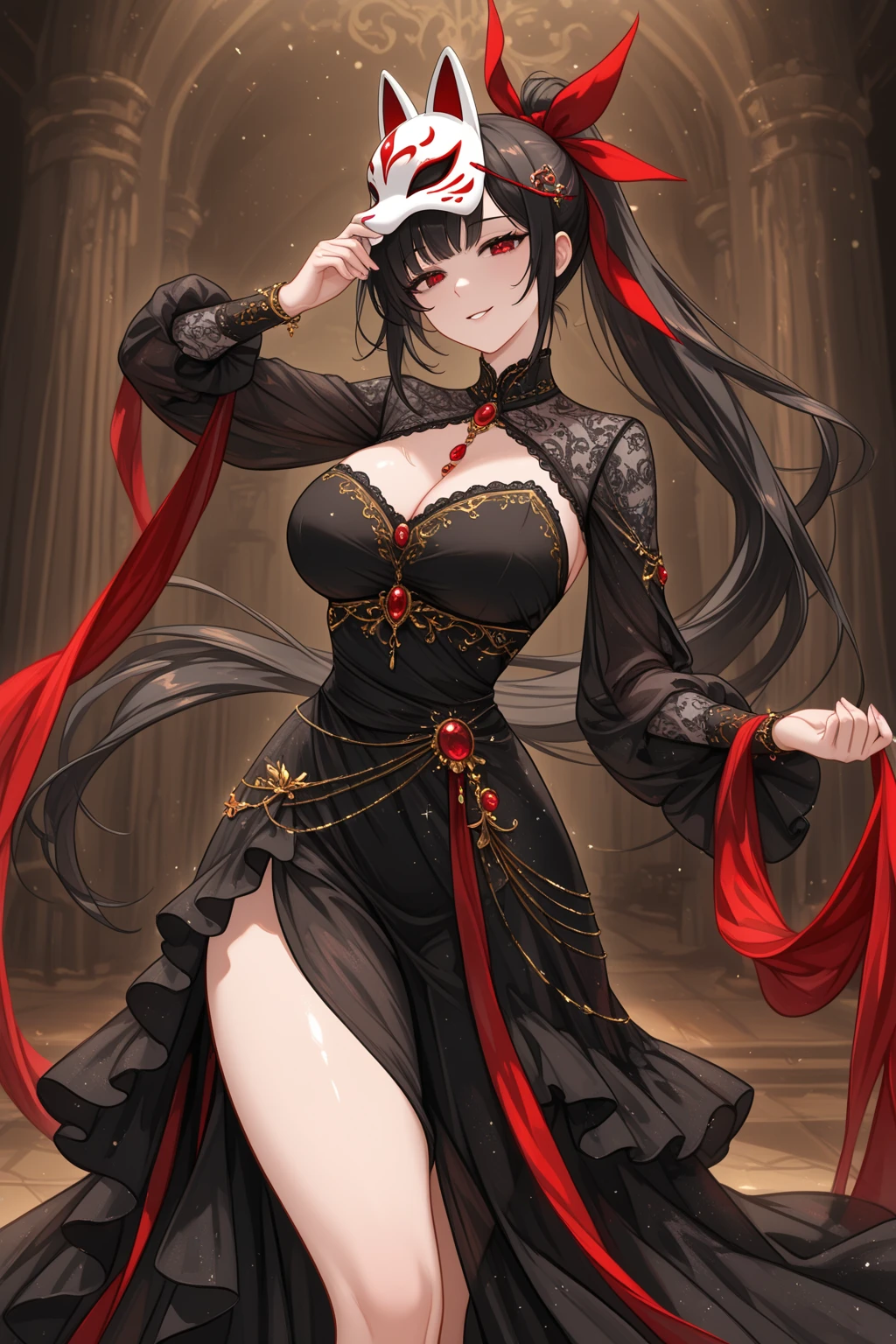​masterpiece, top-quality, high_resolution, fine detailed, highly detailed and beautiful, Distinct_image, 1 rapariga, 独奏, , A dark-haired, red eyes, (huge-breasted), (tits out),(sister costume),(veil), church,Monastic uniforms,long slit,