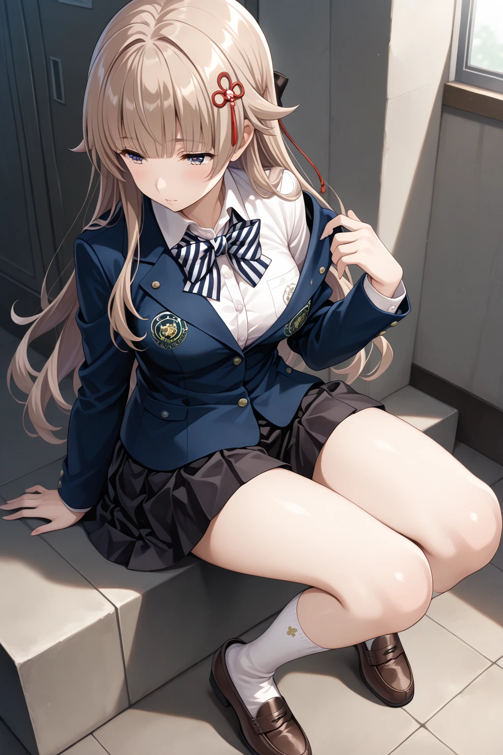 (masterpiece:1.3, highest quality), 1 female, alone, school uniform,blonde, twin tails, red eyes, open collaboration bone, black skin, (open chest:1.1),JK,big breasts