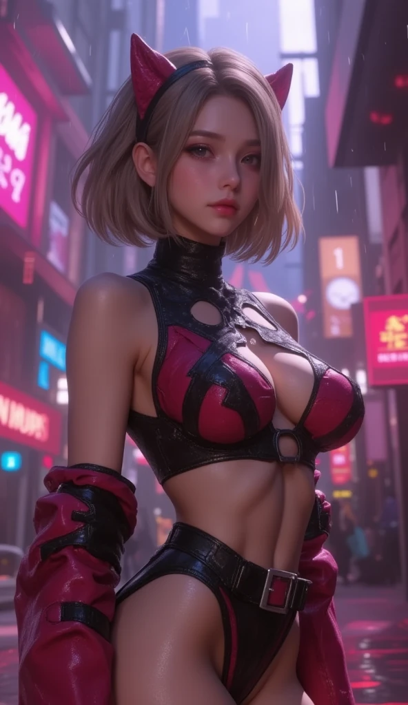 top-quality、超A high resolution、A hyper-realistic、(Photorealsitic:2.0)、(Image above the lap:2.0)、Standing、(((Image of one girl:1.6)))、(Platinum Blonde Woman:1.5)、(Shorthair woman:1.5)、((Very shiny skin:1.5))、((Moisturized skin:1.2)、(((Very young woman:1.5)))、Beautuful Women、(So Huge Breasts:1.5)、(((very muscular body:1.3)))、((abdominal muscular:1.3))、((slim slender body:1.2))、(body without excess fat:1.2)、(Scarlet type:1.2)、CyberpunkAI、neon、cyber punk Girl、cyberpunk hairstyles、Cyberpunk Makeup、Cyberpunk Fashion、Cyberpunk atmosphere、Gothic lolita、cyberpunk streetwear、Pink neon、blue neon、((shiny white leather jacket))、